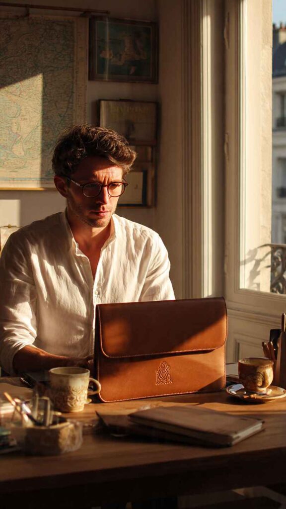 Homme de 30 ans au bureau utilisant des accessoires personnalisés élégants Homme de 30 ans au bureau utilisant des accessoires personnalisés élégants