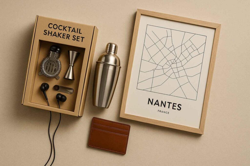 Copain tech découvre un gadget utile; scène lifestyle française et cadeau copain pertinent