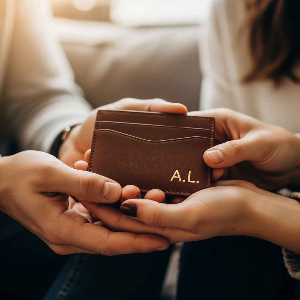 Détail d’un cadeau personnalisé en cuir, initiales dorées, cadeau homme 40 ans Détail d’un cadeau personnalisé en cuir, initiales dorées, cadeau homme 40 ans