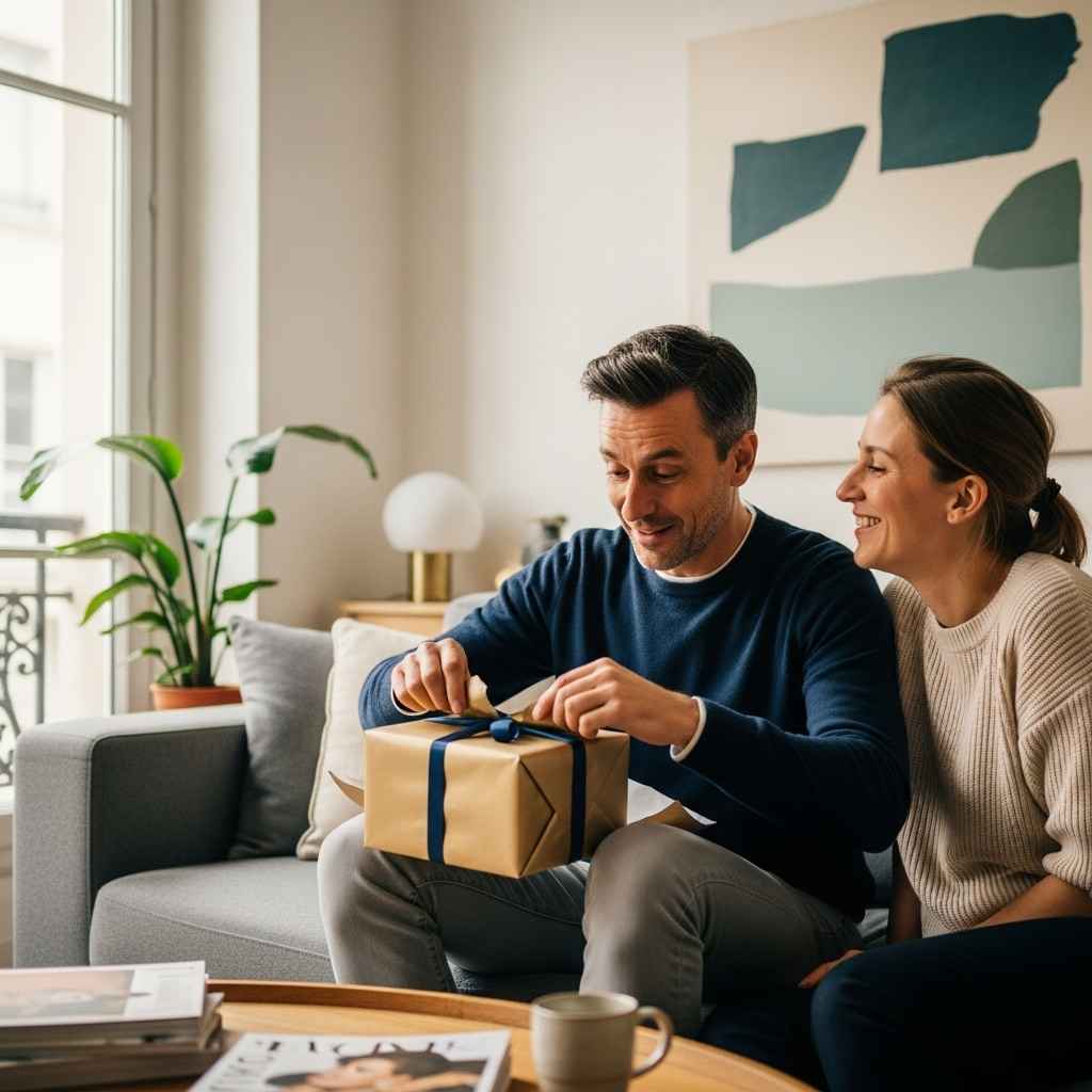 Homme de 40 ans souriant ouvre un paquet, ambiance chaleureuse, cadeau homme 40 ans Homme de 40 ans souriant ouvre un paquet, ambiance chaleureuse, cadeau homme 40 ans