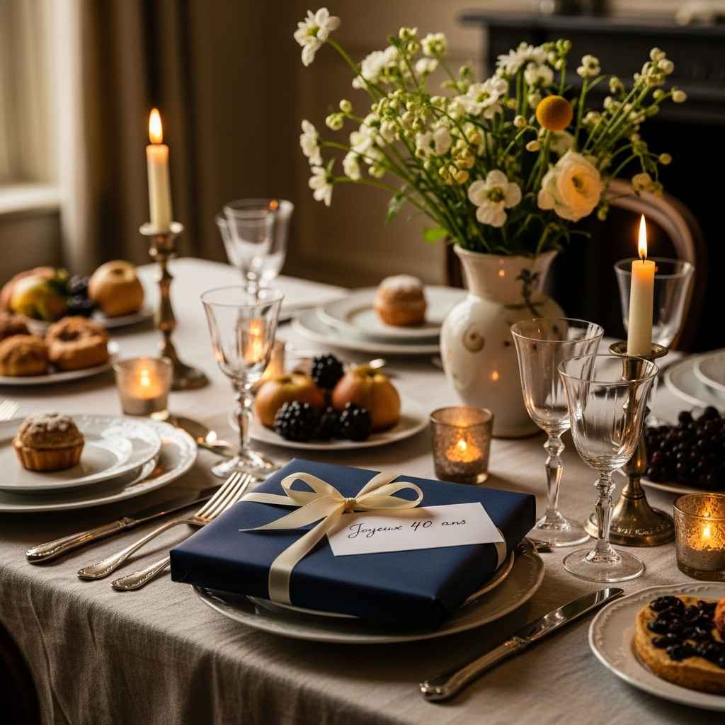 Paquet élégant bleu nuit pour cadeau homme 40 ans, table de fête française Paquet élégant bleu nuit pour cadeau homme 40 ans, table de fête française
