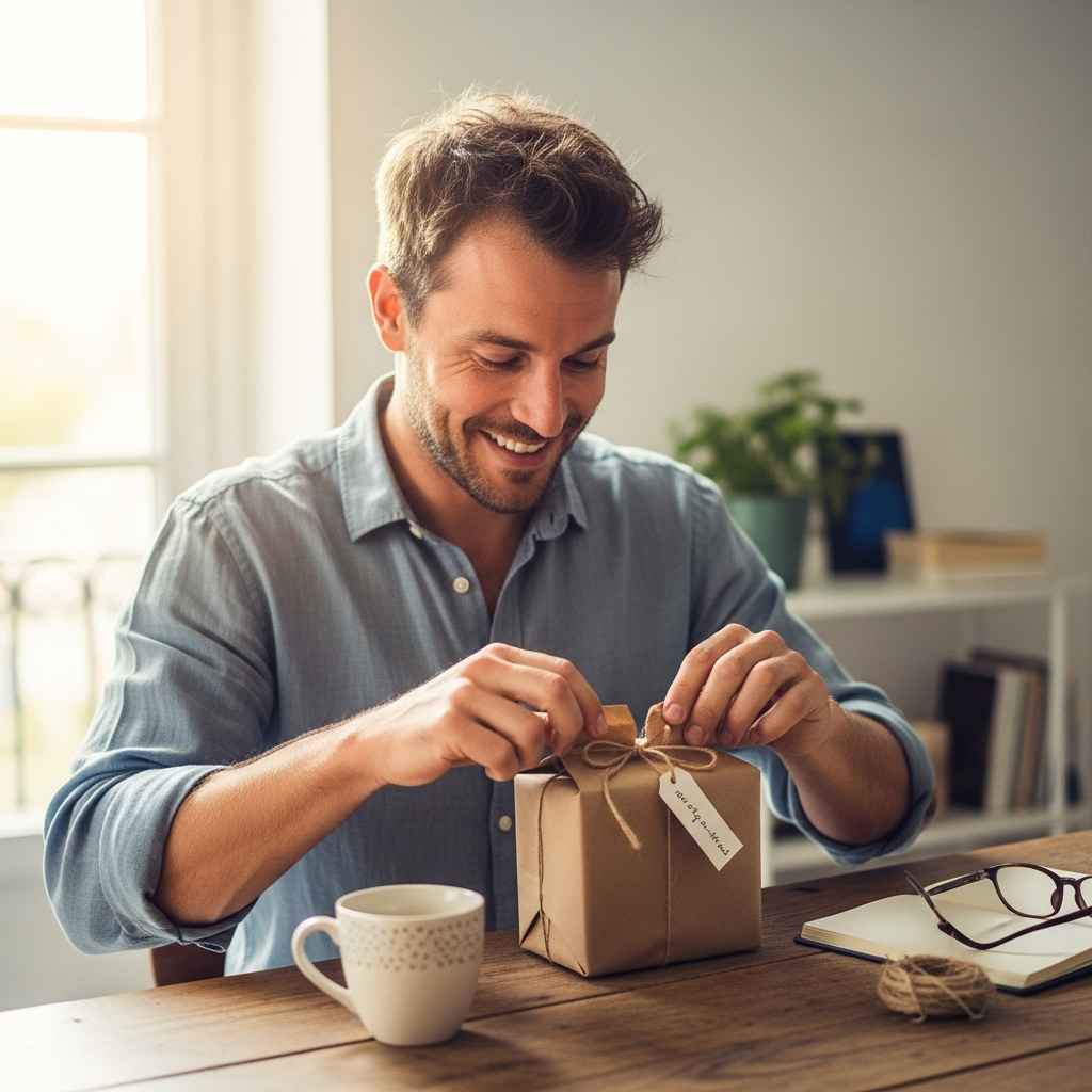 Homme ouvre un paquet, idée cadeau homme petit budget dans ambiance chaleureuse. Homme ouvre un paquet, idée cadeau homme petit budget dans ambiance chaleureuse.