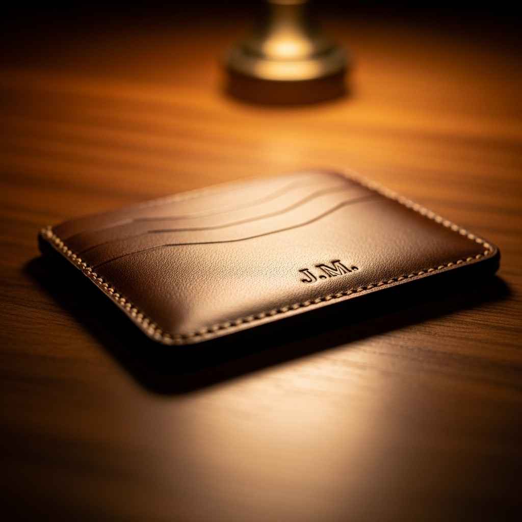 Détail d’un porte-carte personnalisé, idée cadeau homme petit budget élégante et mémorable. Détail d’un porte-carte personnalisé, idée cadeau homme petit budget élégante et mémorable.