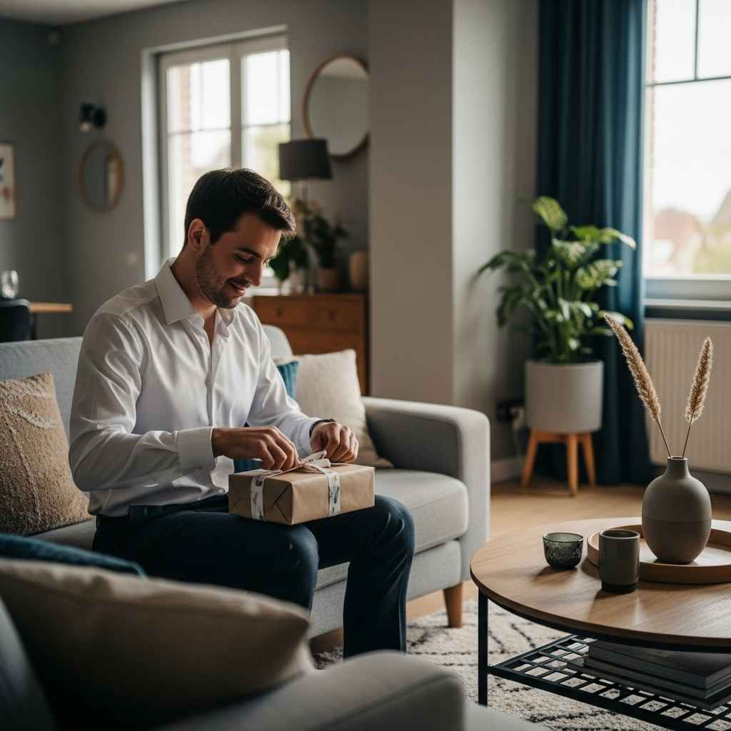 Homme élégant découvrant un cadeau homme qui a tout dans un salon chaleureux Homme élégant découvrant un cadeau homme qui a tout dans un salon chaleureux