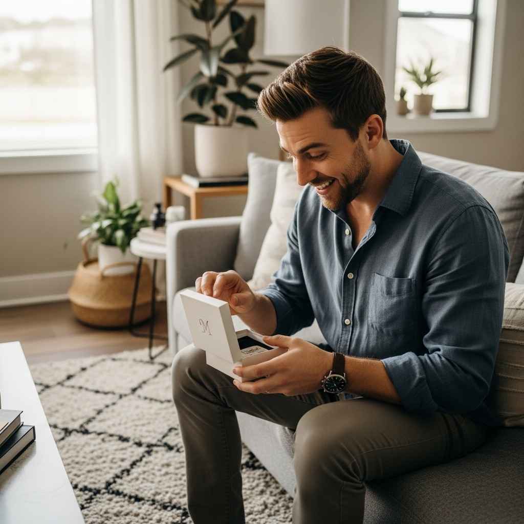 Scène émotive d’un homme découvrant un cadeau personnalisé homme dans un salon moderne Scène émotive d’un homme découvrant un cadeau personnalisé homme dans un salon moderne