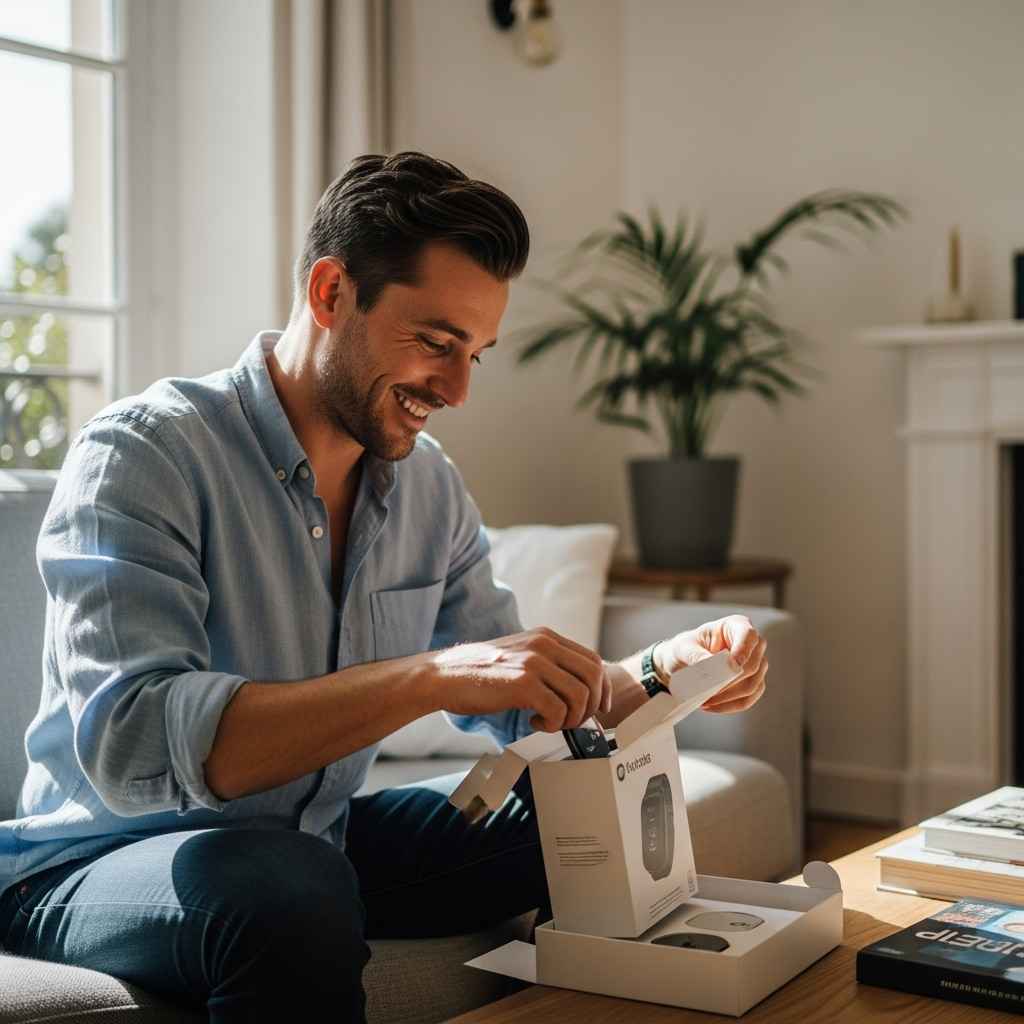 Scène chaleureuse d’ouverture de cadeau technologie homme dans un salon moderne Scène chaleureuse d’ouverture de cadeau technologie homme dans un salon moderne