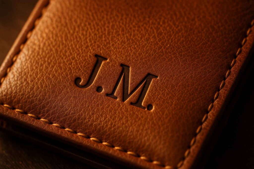 Détail raffiné d’initiales gravées sur un cadeau personnalisé homme en cuir Détail raffiné d’initiales gravées sur un cadeau personnalisé homme en cuir