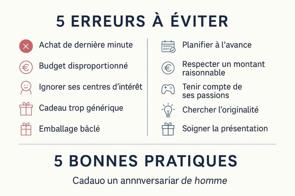 Infographie conseils cadeau anniversaire homme : erreurs et bonnes pratiques.