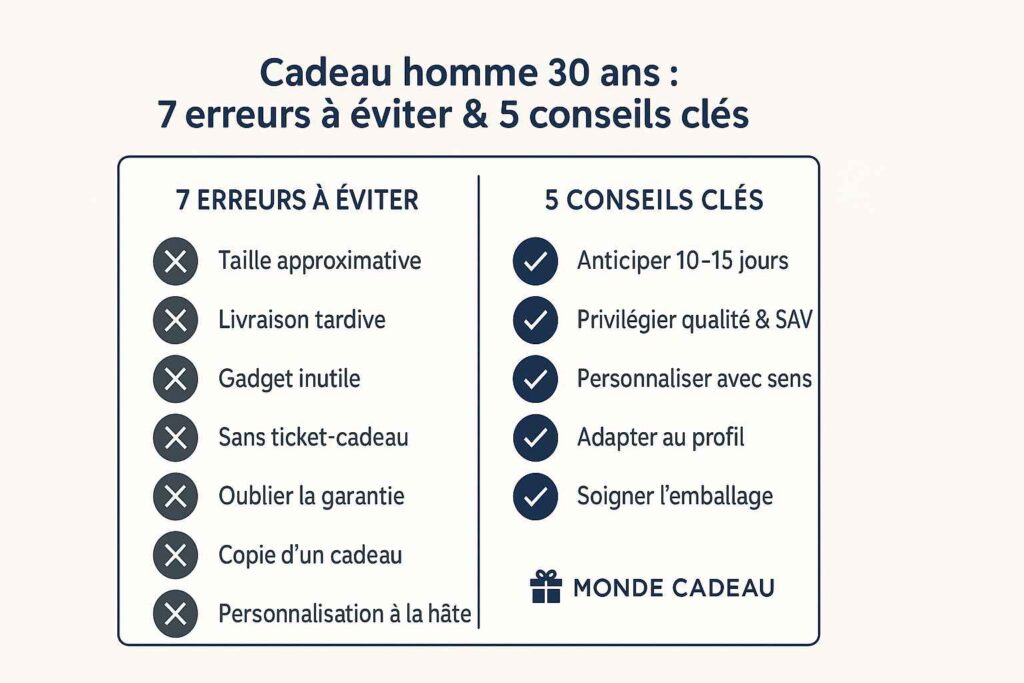 Infographie des erreurs et conseils pour cadeau homme 30 ans