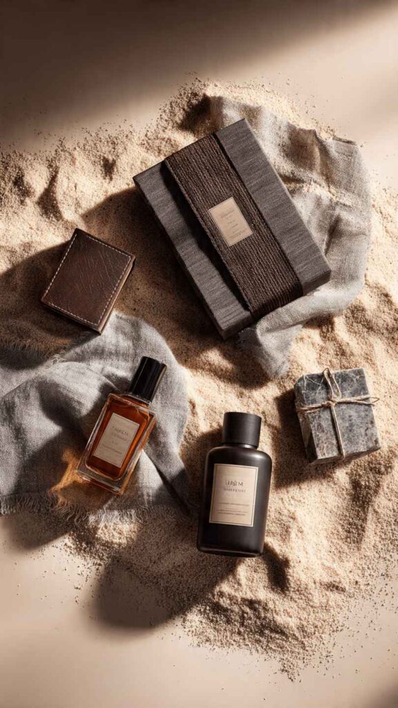 Sélection élégante d’idées de cadeau personnalisé homme sur fond sable texturé Sélection élégante d’idées de cadeau personnalisé homme sur fond sable texturé