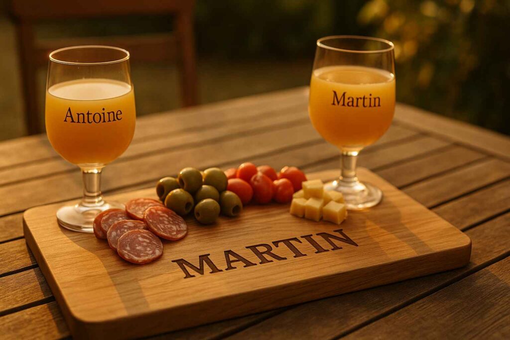 Moment convivial autour d’une planche apéro gravée et verres personnalisés pour homme Moment convivial autour d’une planche apéro gravée et verres personnalisés pour homme