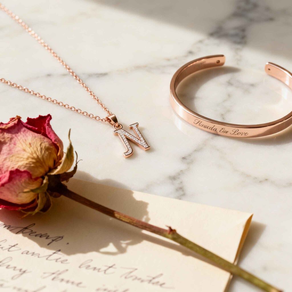 Détail d'un bijou personnalisé cadeau copine avec lettre manuscrite et fleur, ambiance romantique et intime