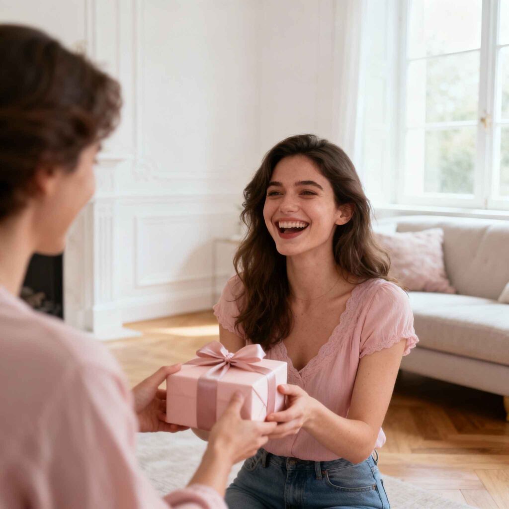 Femme heureuse surprise en recevant un cadeau copine, moment émotionnel et touchant exprimant la joie d'un présent personnel