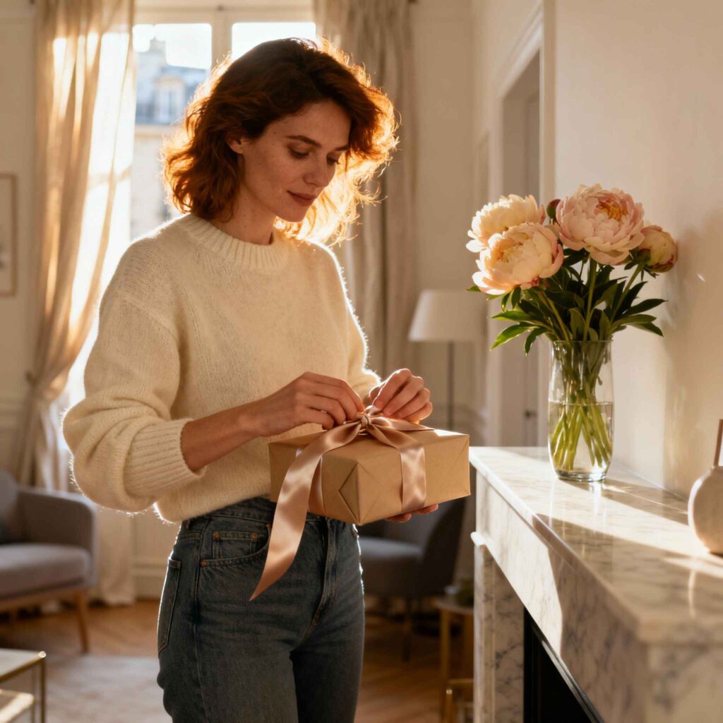 Femme française recevant avec émotion un cadeau femme qui a tout dans intérieur chaleureux Femme française recevant avec émotion un cadeau femme qui a tout dans intérieur chaleureux