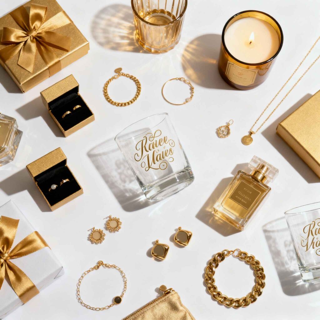 Sélection variée de cadeaux copine : bijoux, bougies, verres personnalisés, accessoires, tous budgets confondus