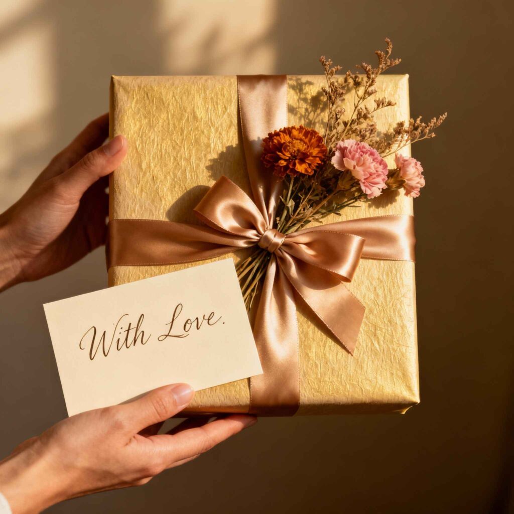 Cadeau copine élégamment emballé avec ruban, carte manuscrite et fleurs séchées, moment de présentation intime et sincère