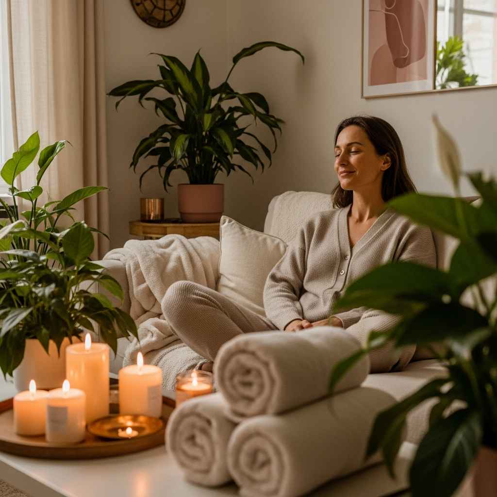 Femme relaxante dans ambiance spa cocooning à domicile avec bougies bien-être