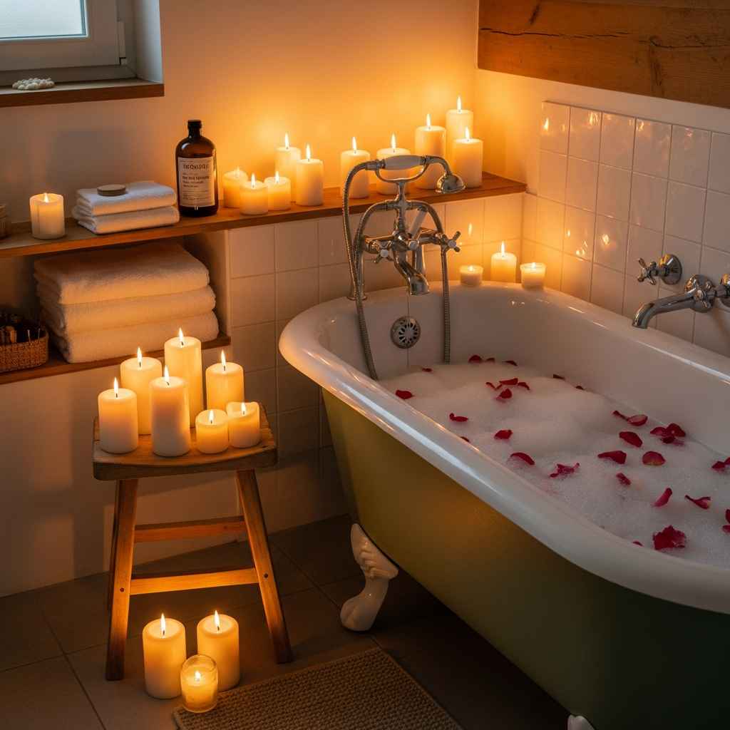 Femme profitant d'un moment de détente bien-être spa avec bougies et produits naturels